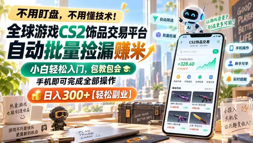 (20454期)全球游戏CS2饰品交易平台自动批量捡漏赚米,小白轻松入门,包教包会,手机即可完成全部操作,日入300+【轻松副业】-Ai资源库