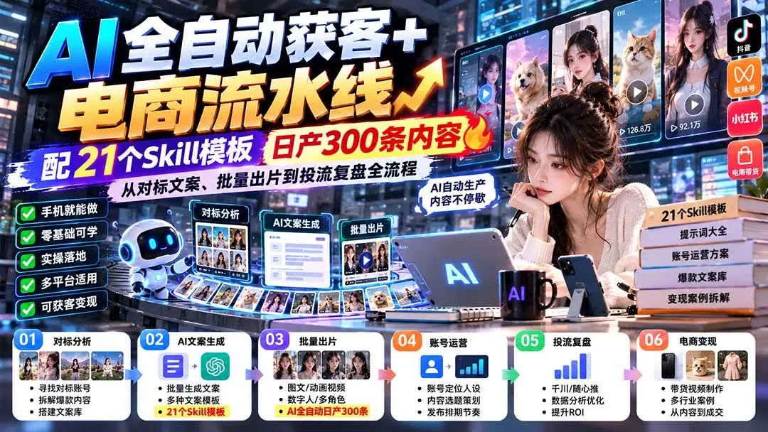 （20664期）AI全自动获客+电商流水线：配21个Skill模板，日产300条内容，从对标文案、批量出片到投流复盘全流程-Ai资源库