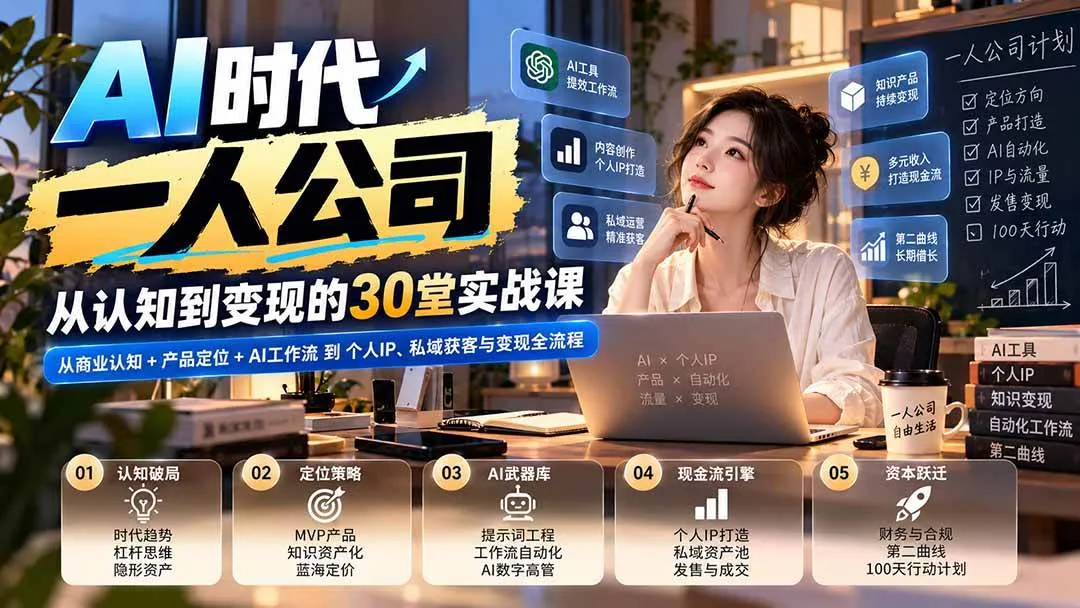 （20847期）【无水印】AI时代一人公司30堂实战课：从商业认知+产品定位+AI工作流到个人IP、私域获客与变现全流程-Ai资源库