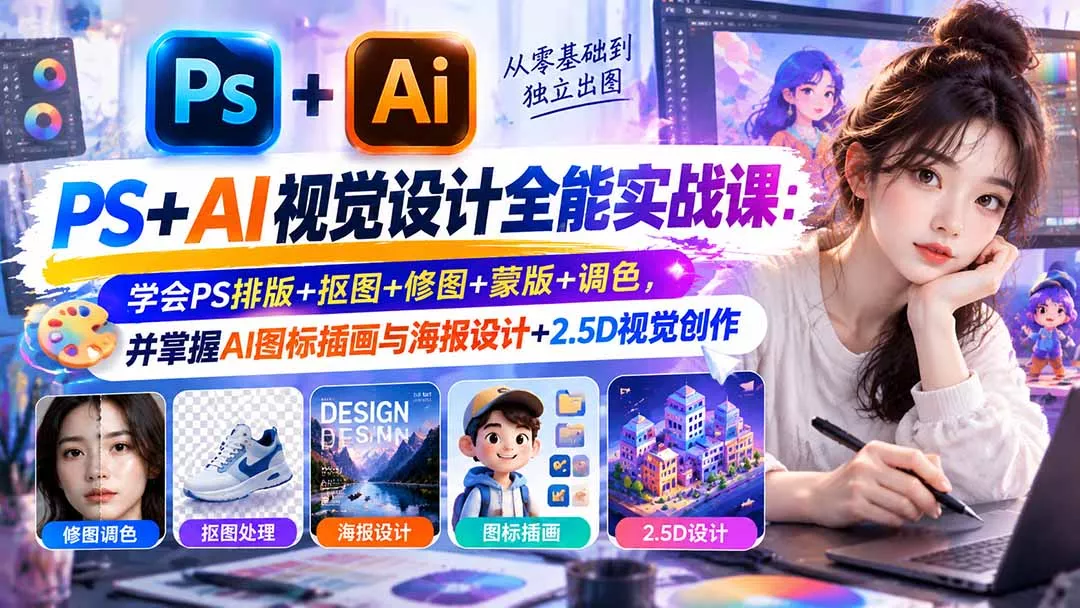 【无水印】PS+AI视觉设计全能实战课:学会PS排版+抠图+修图+蒙版+调色,并掌握AI图标插画与海报设计+2.5D视觉创作 【无水印】PS+AI视觉设计全能实战课:学会PS排版+抠图+修图+蒙版+调色,并掌握AI图标插画与海报设计+2.5D视觉创作