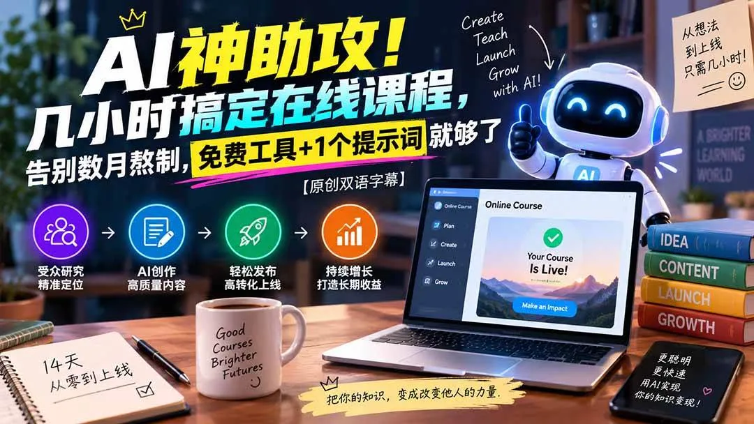 (20528期)AI神助攻!几小时搞定在线课程,告别数月熬制,免费工具+1个提示词就够了【原创双语字幕】-Ai资源库