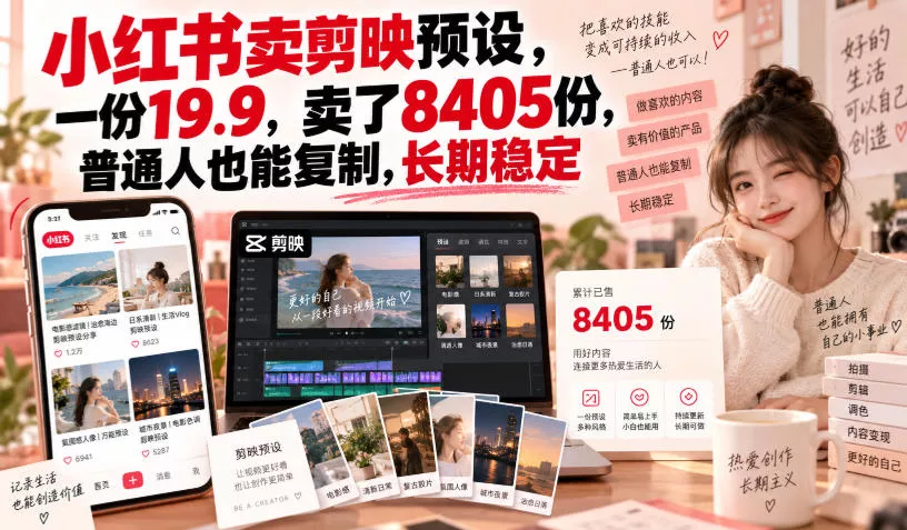 小红书卖剪映预设，一份19.9，卖了8405份，普通人也能复制，长期稳定-Ai资源库