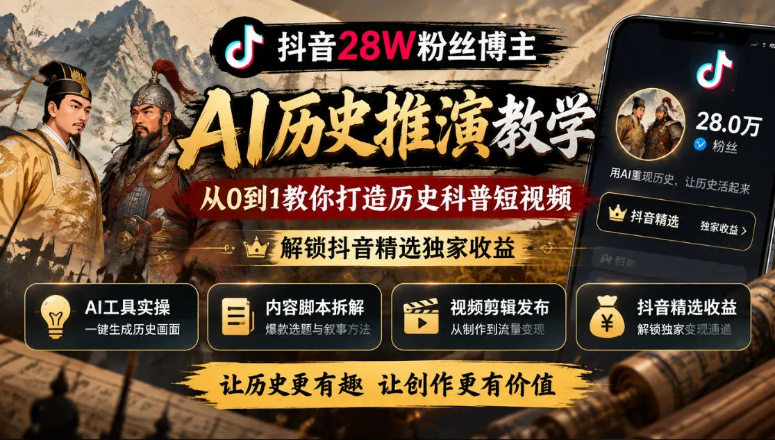 抖音28W粉丝博主的AI历史推演教学，从0到1教你打造历史科普短视频，解锁抖音精选独家收益-Ai资源库