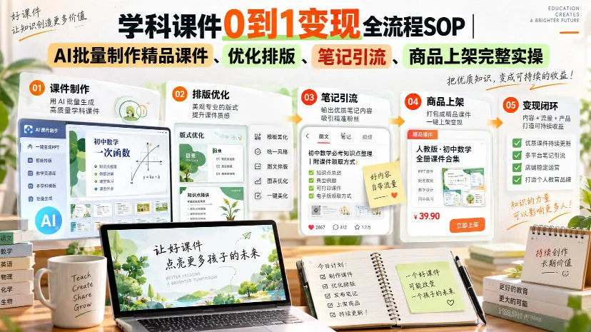 学科课件0到1变现全流程SOP|AI批量制作精品课件、优化排版、笔记引流、商品上架完整实操-Ai资源库