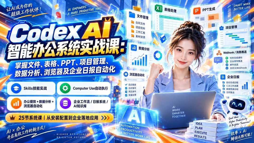 Codex AI智能办公系统实战课:掌握文件、表格、PPT、项目管理、数据分析、浏览器及企业日报自动化-Ai资源库