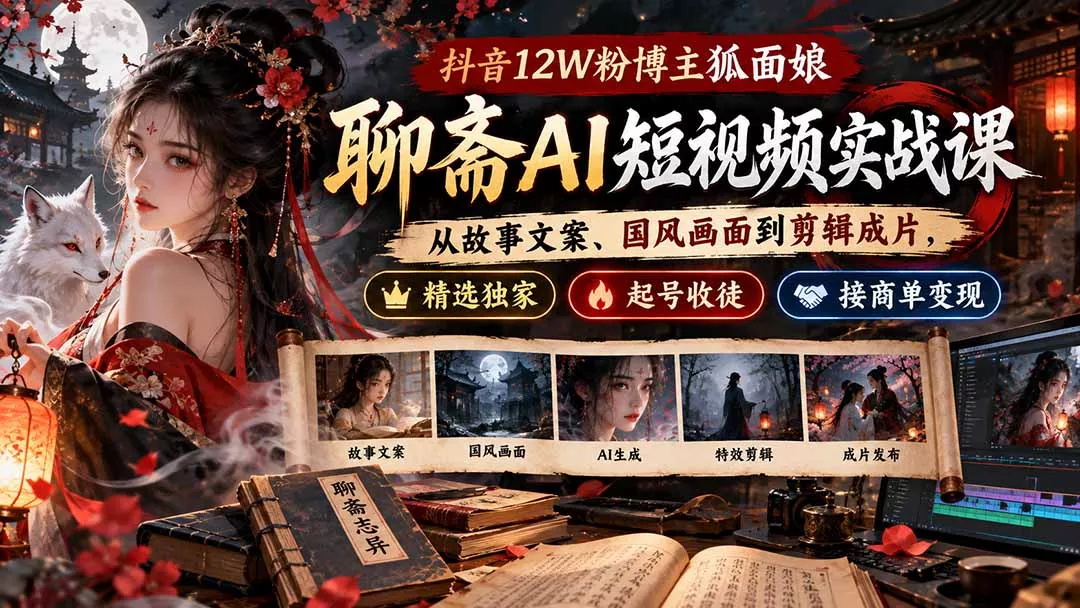 抖音12W粉博主狐面娘-聊斋AI短视频实战课:从故事文案、国风画面到剪辑成片,精选独家+起号收徒+接商单变现-Ai资源库
