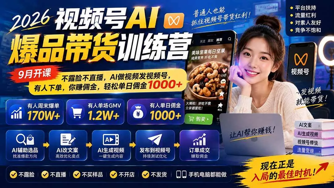 （20537期）2026视频号AI爆品带货训练营-9月开课｜不露脸不直播，AI做视频发视频号，有人下单，你赚佣金，轻松单日佣金1000+-Ai资源库