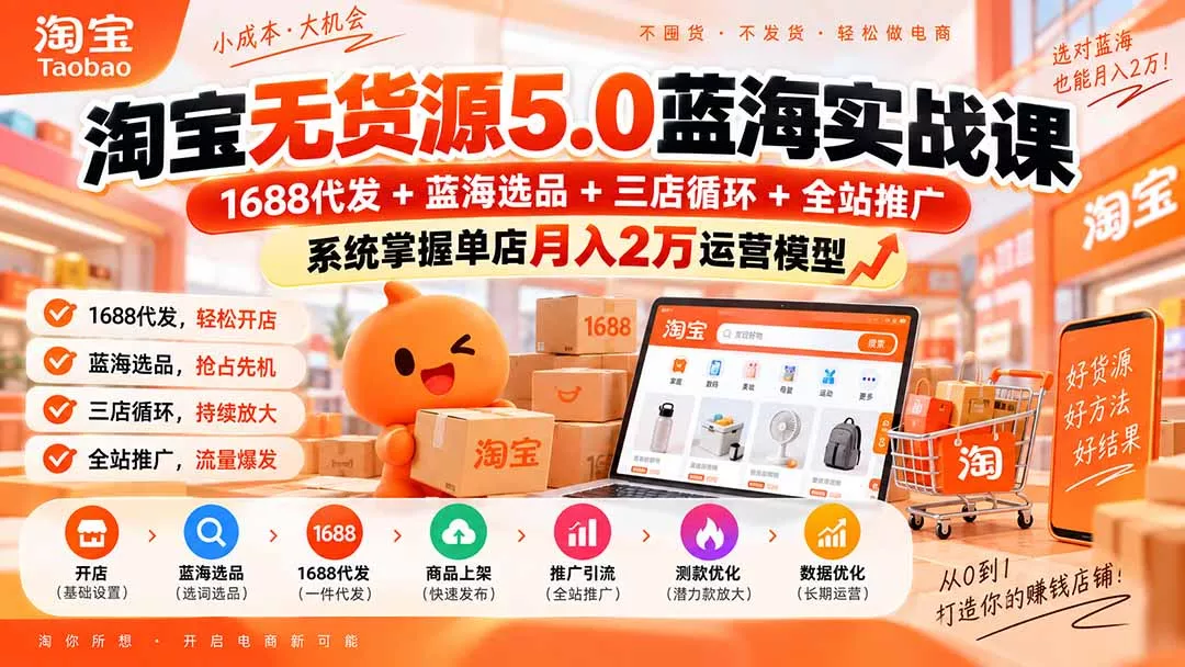 淘宝无货源5.0蓝海实战课-更新:1688代发+蓝海选品+三店循环+全站推广,系统掌握单店月入2万运营模型-Ai资源库