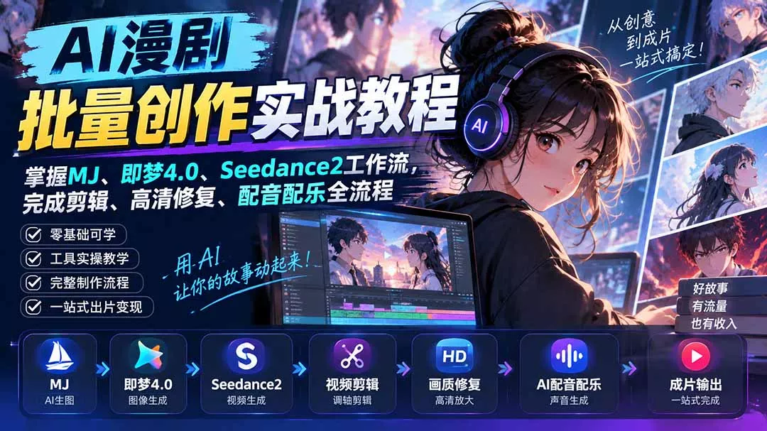 AI漫剧批量创作实战教程：掌握MJ、即梦4.0、Seedance2工作流，完成剪辑、高清修复、配音配乐全流程-Ai资源库
