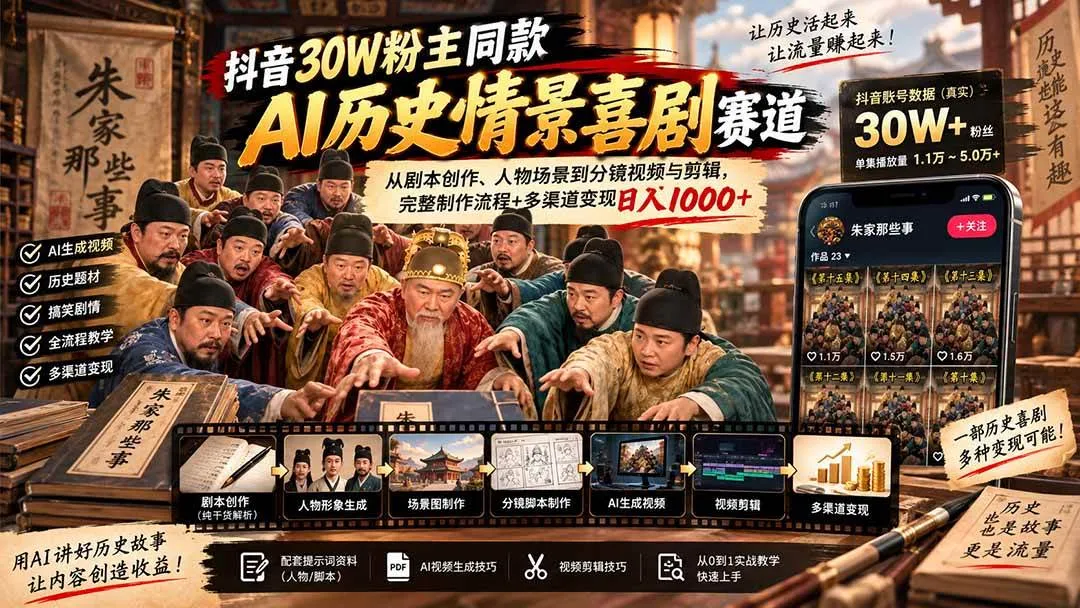 （20613期）抖音30W粉博主同款AI历史情景喜剧赛道：从剧本创作、人物场景到分镜视频与剪辑，完整制作流程+多渠道变现日入1000+-Ai资源库