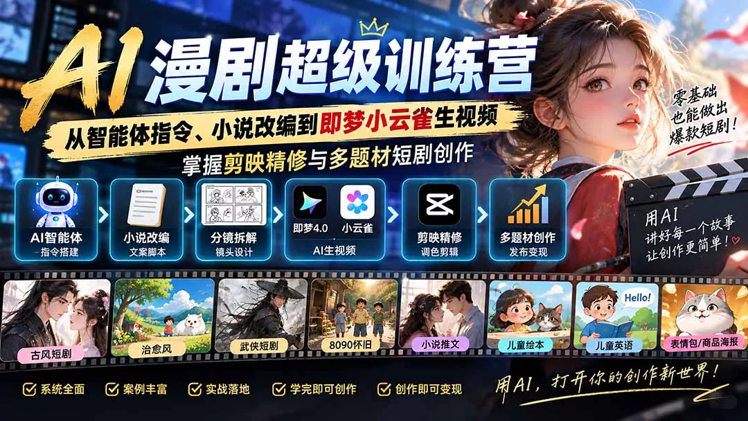 AI漫剧超级特训营：从智能体指令、小说改编到即梦小云雀生视频，掌握剪映精修与多题材短剧创作-Ai资源库