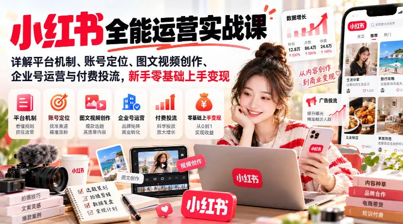 小红书全能运营实战课，详解平台机制、账号定位、图文视频创作、企业号运营与付费投流，新手零基础上手变现-Ai资源库