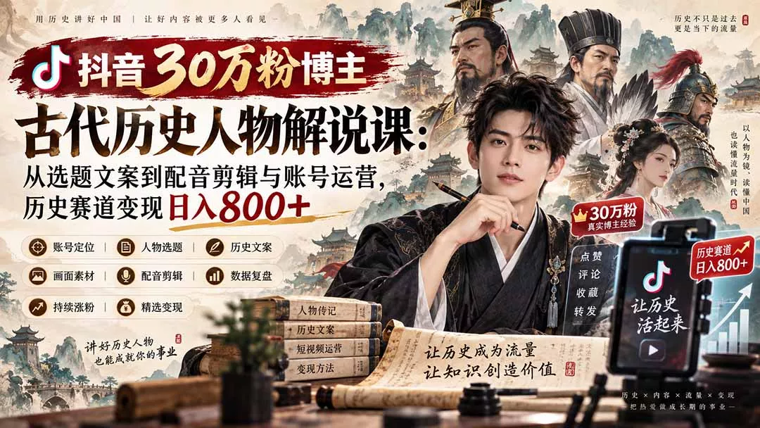 抖音30万粉博主古代历史人物解说课:从选题文案到配音剪辑与账号运营,历史赛道变现日入800+-Ai资源库