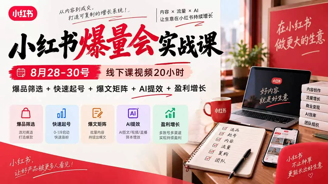 小红书爆量会实战课：8月28-30号线下课视频20小时，爆品筛选+快速起号+爆文矩阵+AI提效+盈利增长-Ai资源库