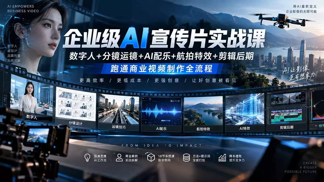 企业级AI宣传片实战课|数字人+分镜运镜+AI配乐+航拍特效+剪辑后期,跑通商业视频制作全流程-Ai资源库