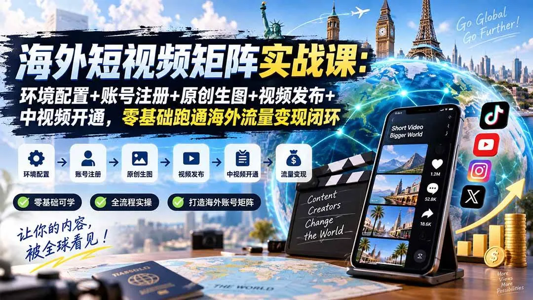 (20470期)海外短视频矩阵实战课:环境配置+账号注册+原创生图+视频发布+中视频开通,零基础跑通海外流量变现闭环 (20470期)海外短视频矩阵实战课:环境配置+账号注册+原创生图+视频发布+中视频开通,零基础跑通海外流量变现闭环