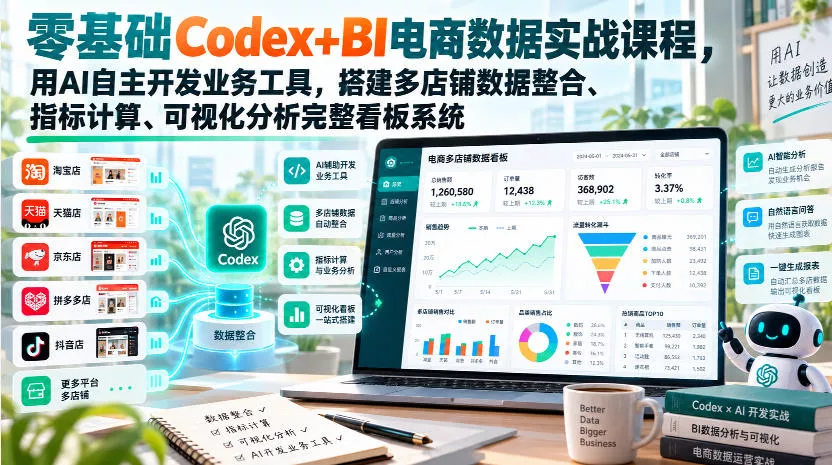 零基础Codex+BI电商数据实战课程，用AI自主开发业务工具，搭建多店铺数据整合、指标计算、可视化分析完整看板系统-Ai资源库