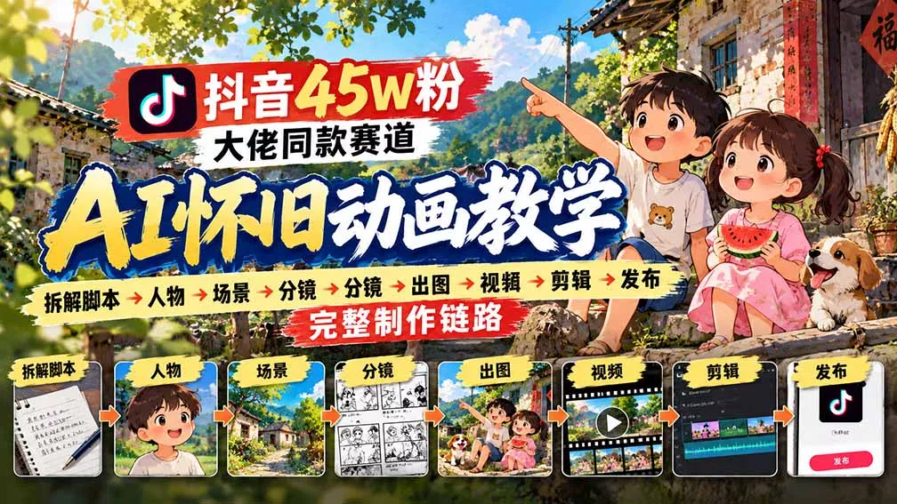 抖音45W粉大佬同款赛道AI怀旧动画教学：拆解脚本→人物→场景→分镜→出图→视频→剪辑→发布完整制作链路-Ai资源库