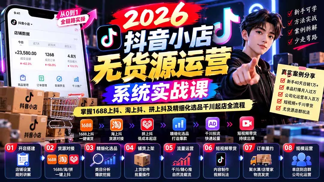【无水印】2026抖音小店无货源运营系统实战课：掌握1688上抖、淘上抖、拼上抖及精细化选品千川起店全流程-Ai资源库