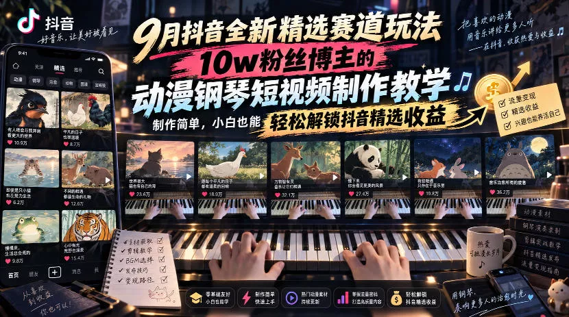 9月抖音全新精选赛道玩法，10w粉丝博主的动漫钢琴短视频制作教学，制作简单，小白也能轻松解锁抖音精选收益-Ai资源库