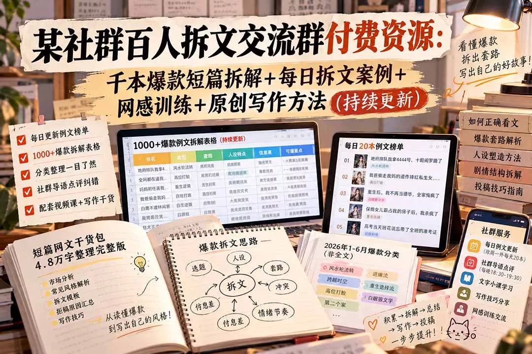 某社群百人拆文交流群付费资源-更新0929：千本爆款短篇拆解+每日拆文案例+网感训练+原创写作方法