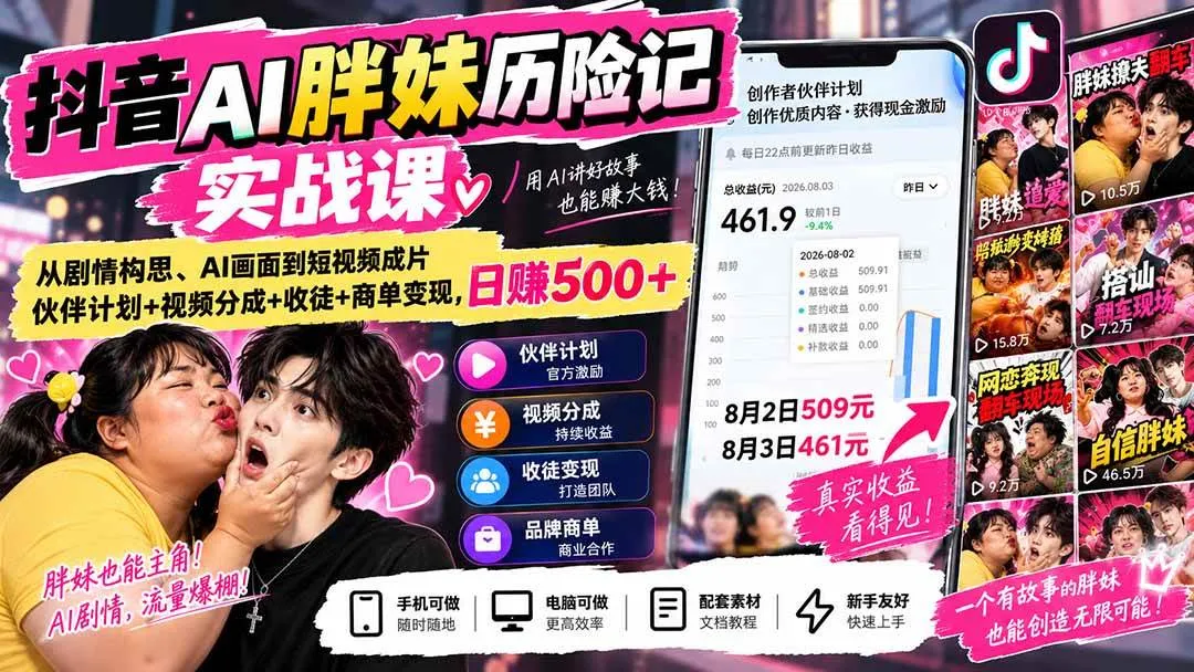 (20489期)抖音AI胖妹历险记实战课:从剧情构思、AI画面到短视频成片,伙伴计划+视频分成+收徒+商单变现,日赚500+-Ai资源库
