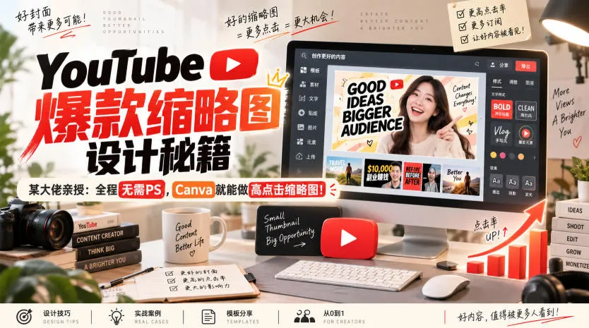 YouTube爆款缩略图设计秘籍,某油管大佬(610万订阅者)亲授,全程无需PS,Canva就能做高点击缩略图!【原创双语字幕】-Ai资源库