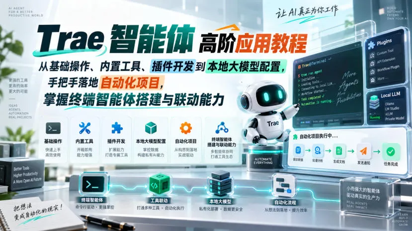 Trae智能体高阶应用教程，从基础操作、内置工具、插件开发到本地大模型配置，手把手落地自动化项目-Ai资源库