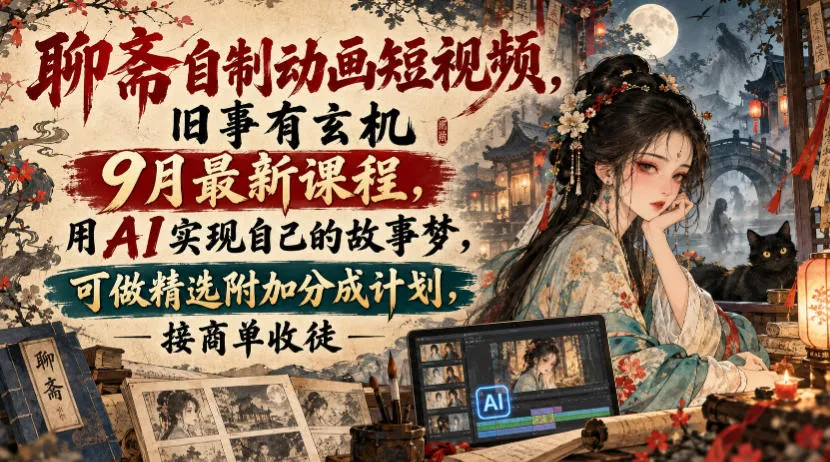 聊斋自制动画短视频，旧事有玄机9月最新课程，用AI实现自己的故事梦，可做精选附加分成计划，接商单收徒-Ai资源库