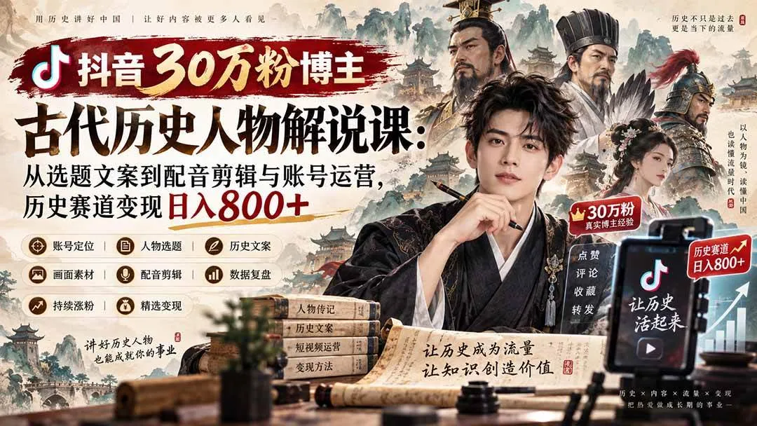 （20441期）抖音30万粉博主古代历史人物解说课：从选题文案到配音剪辑与账号运营，历史赛道变现日入800+-Ai资源库