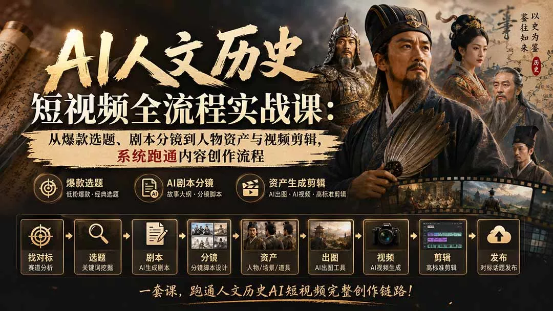 AI人文历史短视频全流程实战课-更新:从爆款选题、剧本分镜到人物资产与视频剪辑,系统跑通内容创作流程-Ai资源库