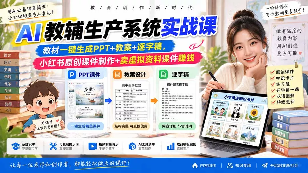 AI教辅生产系统实战课|教材一键生成PPT+教案+逐字稿,小红书原创课件制作+卖虚拟资料课件赚钱 AI教辅生产系统实战课|教材一键生成PPT+教案+逐字稿,小红书原创课件制作+卖虚拟资料课件赚钱