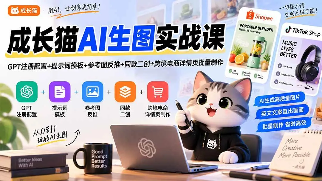 （20482期）成长猫AI生图实战课｜GPT注册配置+提示词模板+参考图反推+同款二创+跨境电商详情页批量制作-Ai资源库