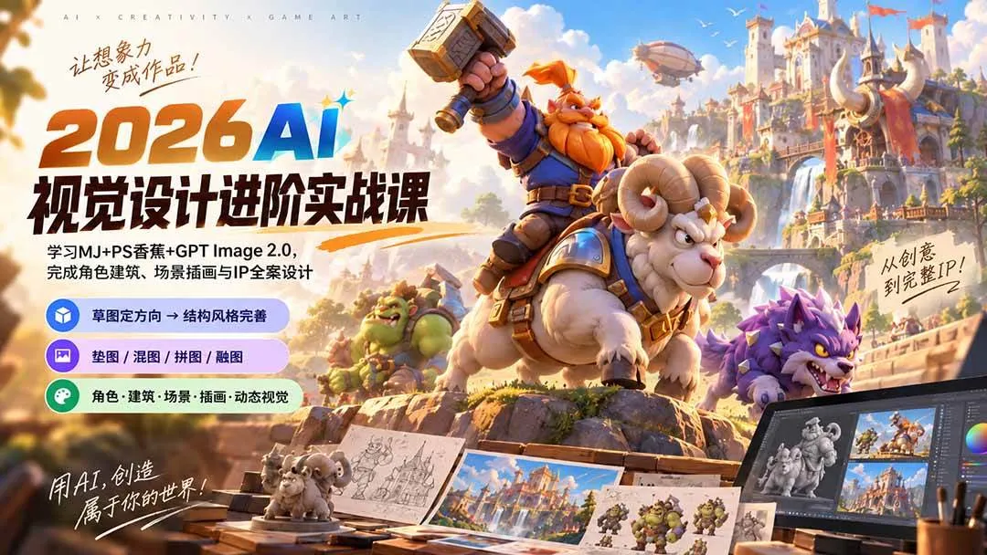 （20852期）2026AI视觉设计进阶实战课-更新1007：学习MJ+PS香蕉+GPT Image 2.0，完成角色建筑、场景插画与IP全案设计-Ai资源库