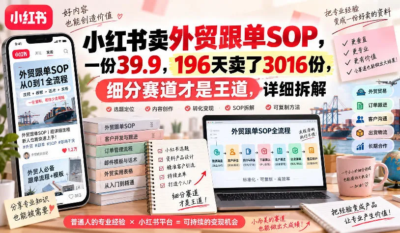 小红书卖外贸跟单sop,一份39.9,196天卖了3016份,细分赛道才是王道,详细拆解-Ai资源库