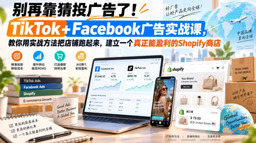别再靠猜投广告了！TikTok+Facebook广告实战课，教你用实战方法把店铺跑起来，建立一个真正能盈利的Shopify商店【原创双语字幕】-Ai资源库