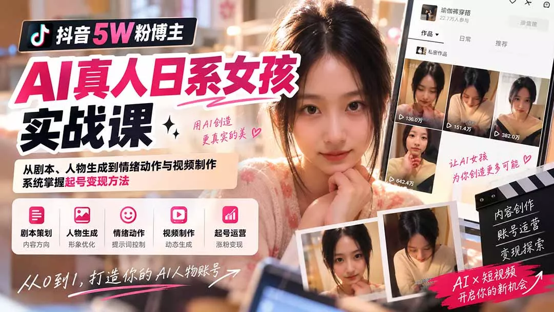 抖音5W粉博主AI真人日系女孩实战课:从剧本、人物生成到情绪动作与视频制作,系统掌握起号变现方法-Ai资源库