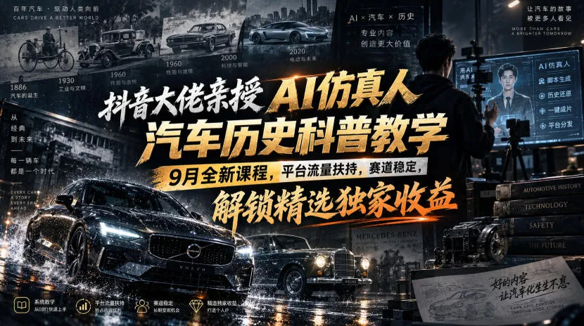 抖音大佬亲授AI仿真人汽车历史科普教学,9月全新课程,平台流量扶持,赛道稳定,解锁精选独家收益-Ai资源库
