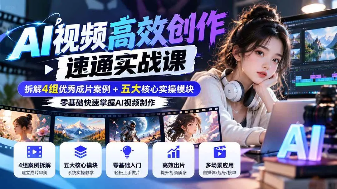 （20819期）【无水印】AI视频高效创作速通实战课：拆解4组优秀成片案例+五大核心实操模块，零基础快速掌握AI视频制作-Ai资源库