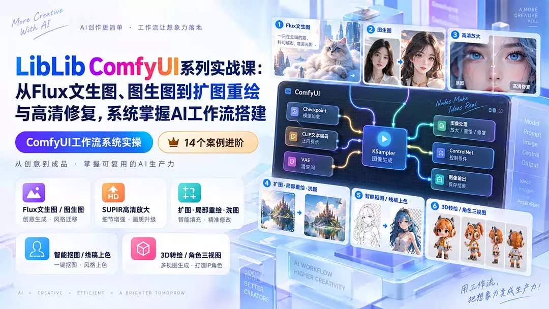 LibLib ComfyUI系列实战课:从Flux文生图、图生图到扩图重绘与高清修复,系统掌握AI工作流搭建-Ai资源库