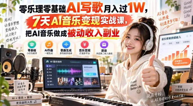 零乐理零基础AI写歌月入过1W，7天AI音乐变现实战课，把AI音乐做成被动收入副业-Ai资源库