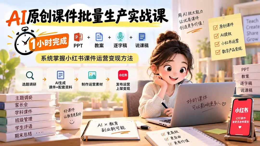 （20351期）AI原创课件批量生产实战课：1小时完成PPT+教案+逐字稿+说课稿，系统掌握小红书课件运营变现方法-Ai资源库