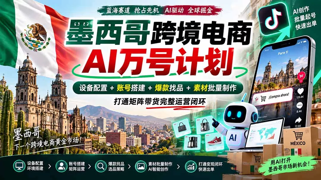 墨西哥AI跨境电商万号计划｜设备配置+账号搭建+爆款找品+素材批量制作，打通矩阵带货完整运营闭环-Ai资源库