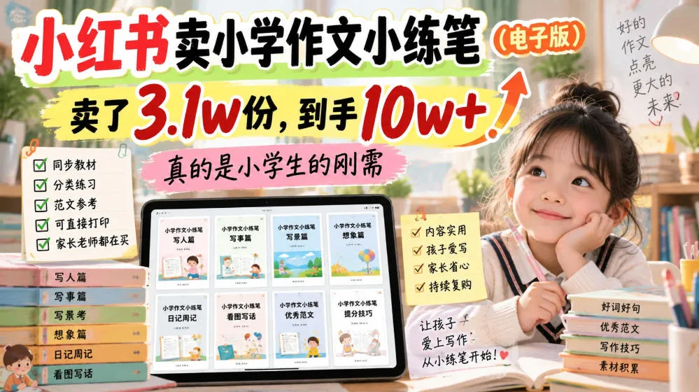 小红书卖小学作文小练笔(电子版),卖了3.1w份,到手10w+,真的是小学生的刚需-Ai资源库