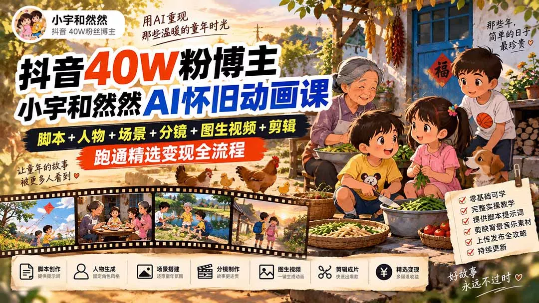 抖音40W粉博主小宇和然然AI怀旧动画课|脚本+人物+场景+分镜+图生视频+剪辑,跑通精选变现全流程 抖音40W粉博主小宇和然然AI怀旧动画课|脚本+人物+场景+分镜+图生视频+剪辑,跑通精选变现全流程