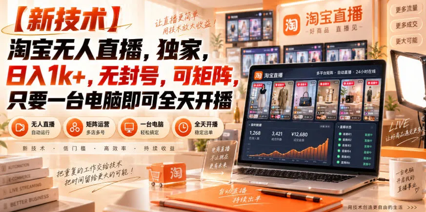 【独家新技术】淘宝无人直播,日入1k+,无封号,可矩阵,只要一台电脑即可全天开播【揭秘】-Ai资源库