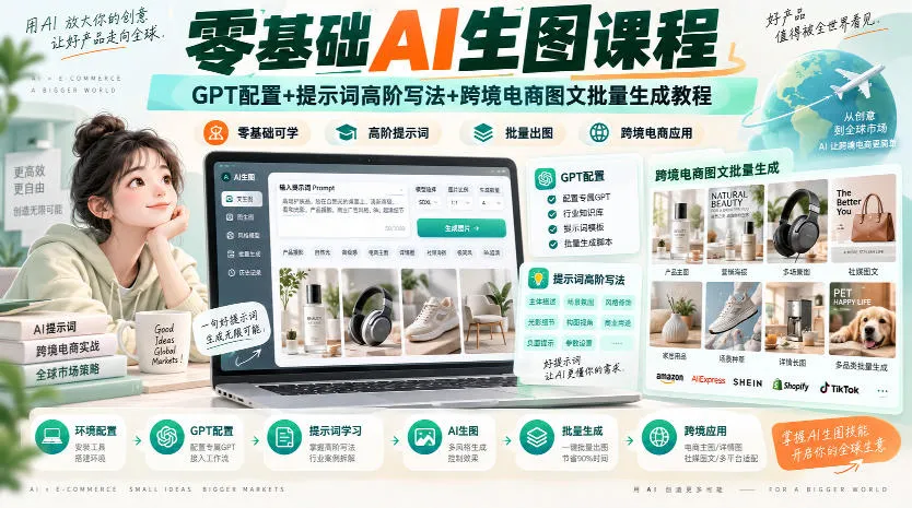 零基础AI生图课程，GPT配置+提示词高阶写法+跨境电商图文批量生成教程-Ai资源库
