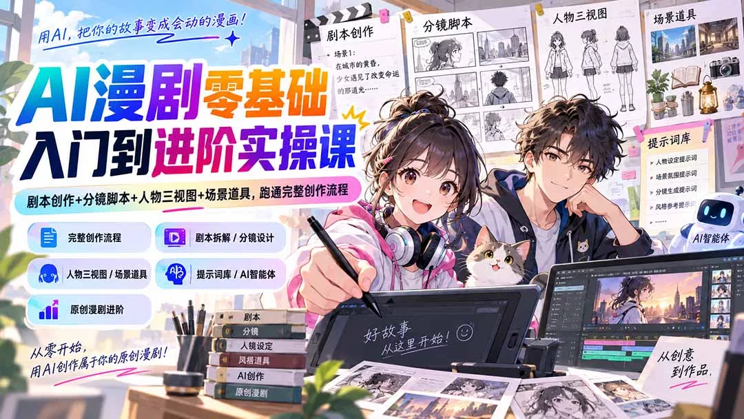 AI漫剧零基础入门到进阶实操课:剧本创作+分镜脚本+人物三视图+场景道具,跑通完整创作流程-Ai资源库