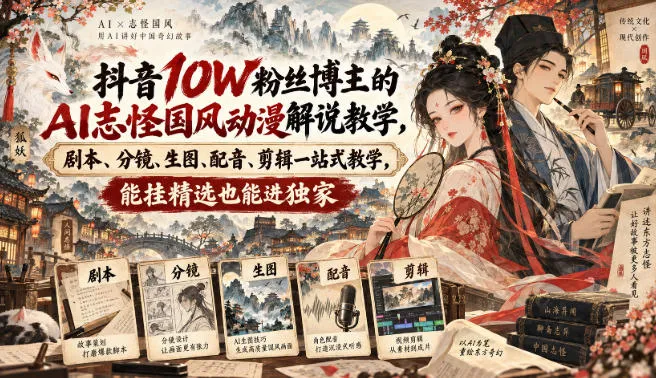 抖音10W粉丝博主的AI志怪国风动漫解说教学,剧本、分镜、生图、配音、剪辑一站式教学,能挂精选也能进独家-Ai资源库