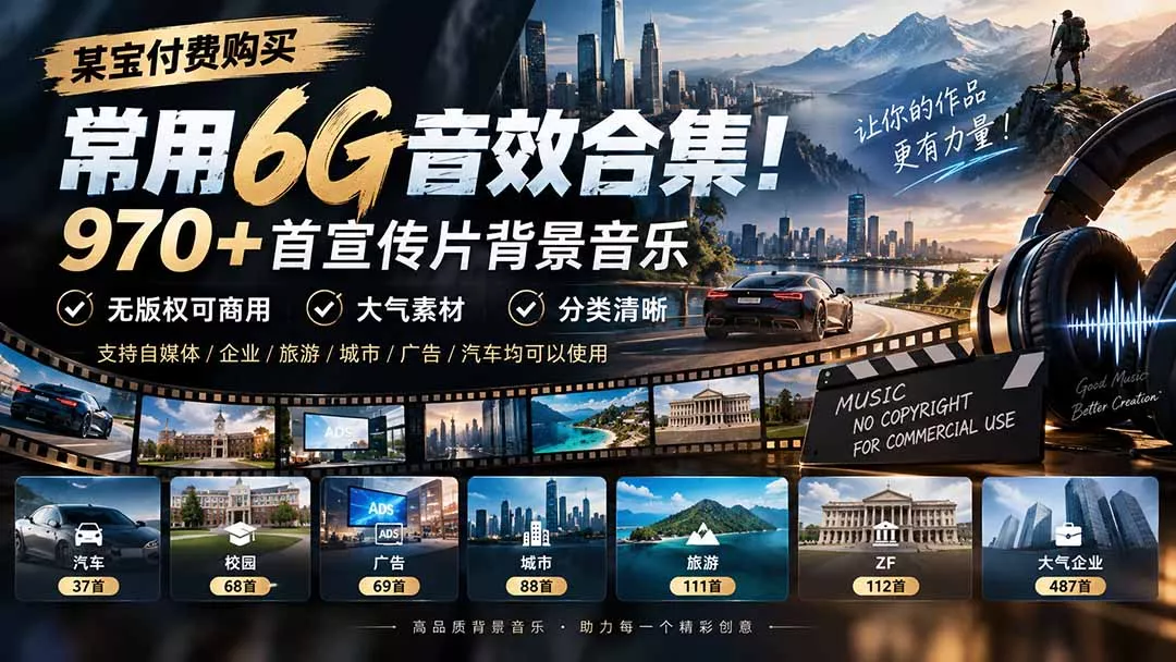 某宝付费购买,常用6G音效合集!970+首宣传片背景音乐,无版权可商用大气素材,分类清晰 某宝付费购买,常用6G音效合集!970+首宣传片背景音乐,无版权可商用大气素材,分类清晰